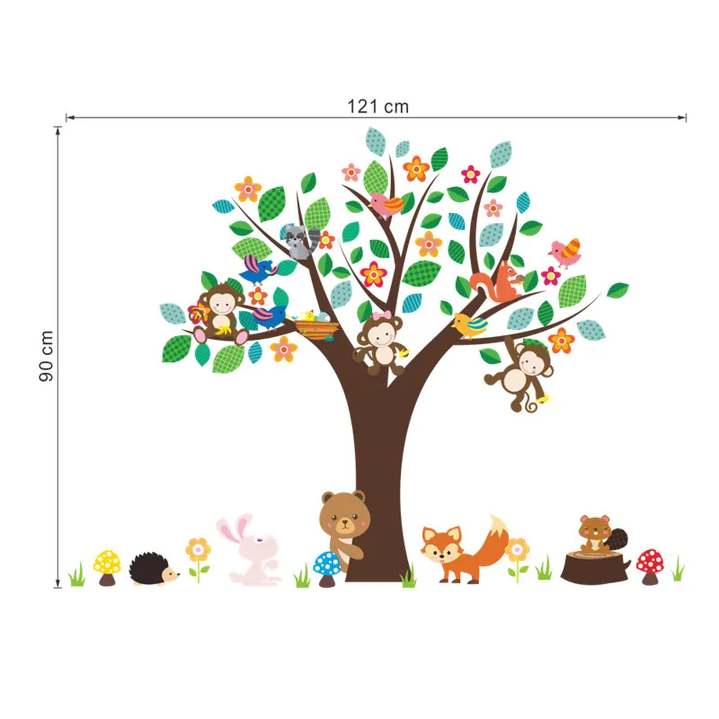 Cartoon Animals Floral Tree Wall Sticker For Kindergarten Kids Room Home Decoration Rabbit Fox Monkey Safari Mural Art Decals
