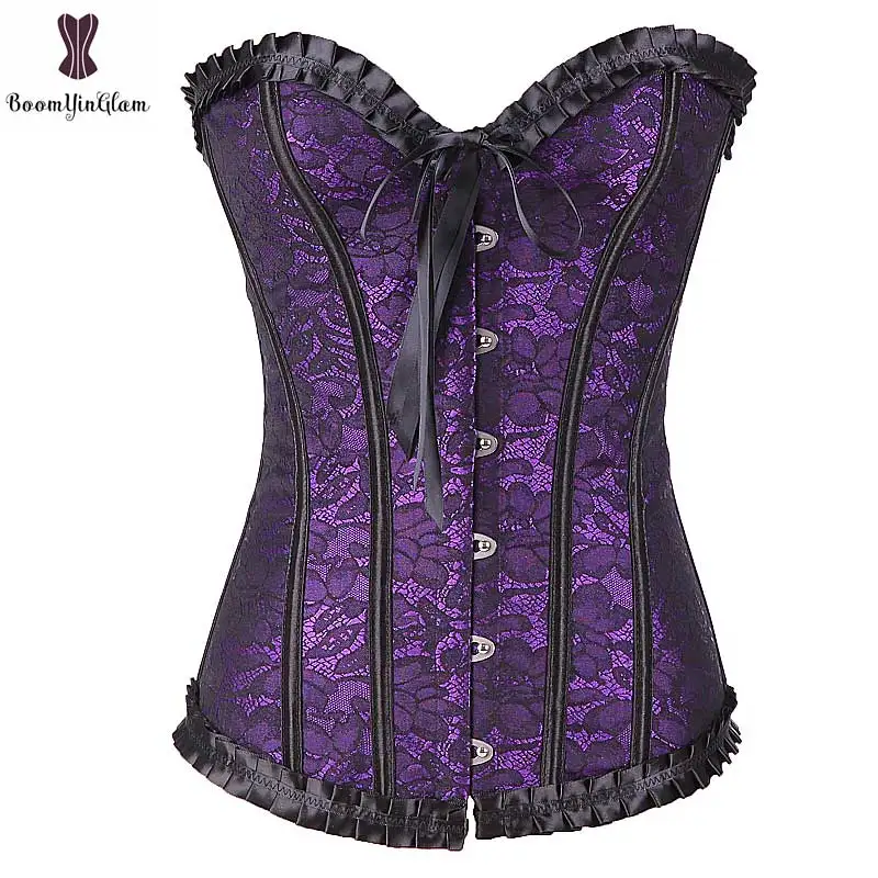 Purple Corset Floral Korset Fish Boned Korsett For Women Lace Up Overbust Gorset Lingerie Outfit Waist Slimming Costume Bustier