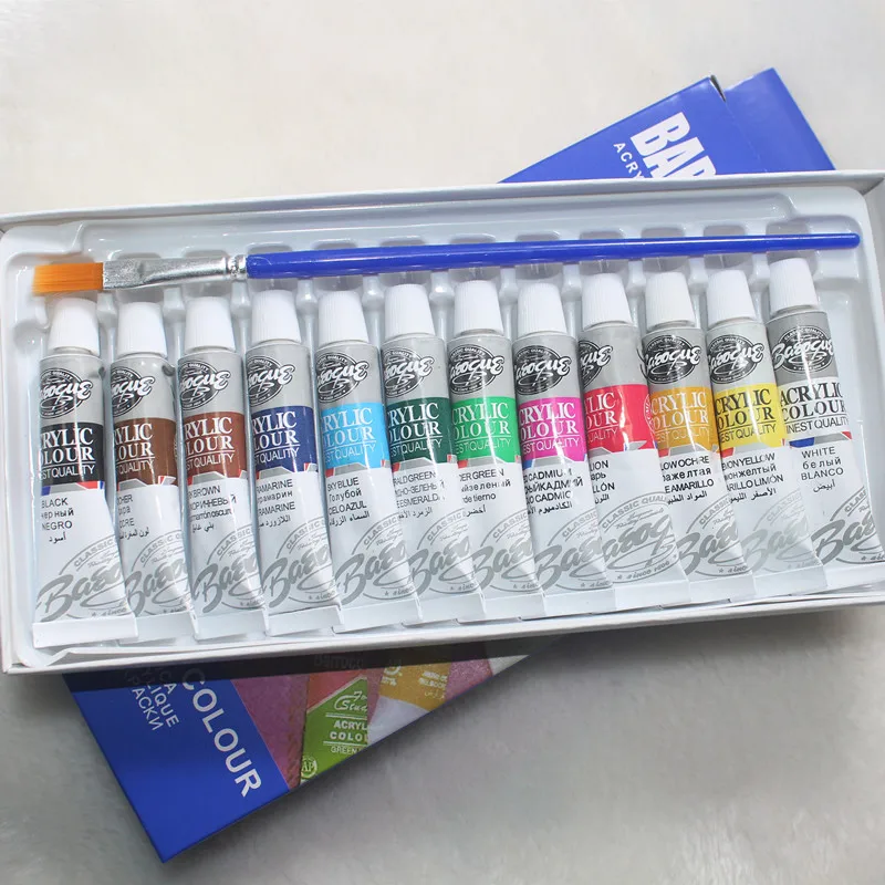 Conjunto de tinta acrílica profissional, 6 ml, 12 cores, pintura de parede, pintura têxtil, cores, suprimentos, arte brilhante, pincel grátis