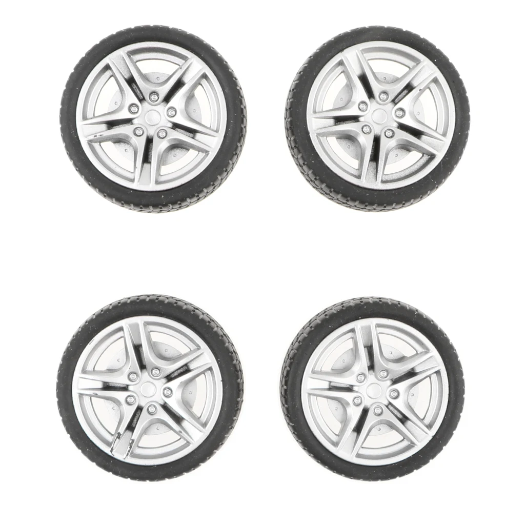 4pcs 1: 10 Drift Car Racing Car 5 Spoke Black Wheel Rims & Rubber Tires 48mm Diecast Playset Accessories