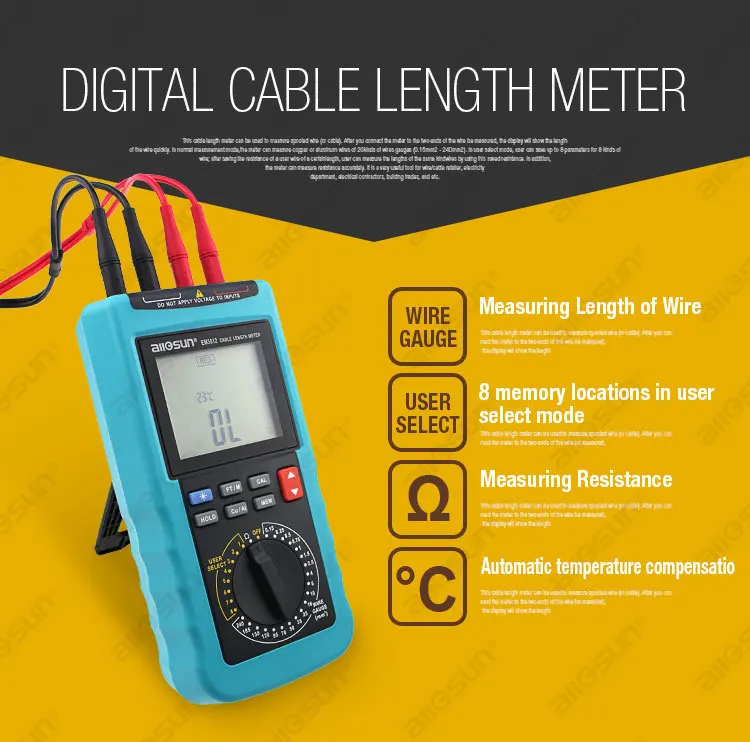 Modern Digital Cable Length Meter 4 1/2 Digit Display Automatic Temperature Compensation 20 Pre-Set Wire Gauge ALL SUN EM5812