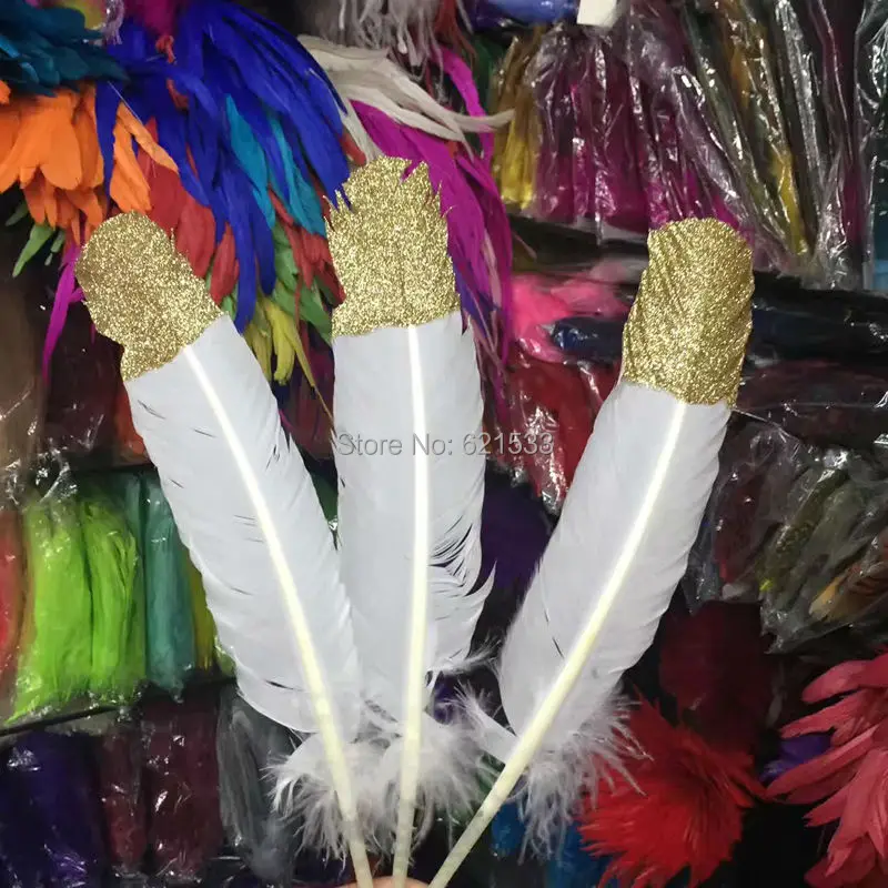 Gold dipped white turkey quill feathers with Glitter,Gold Tip feathers,painted long white real turkey feather millinery wedding