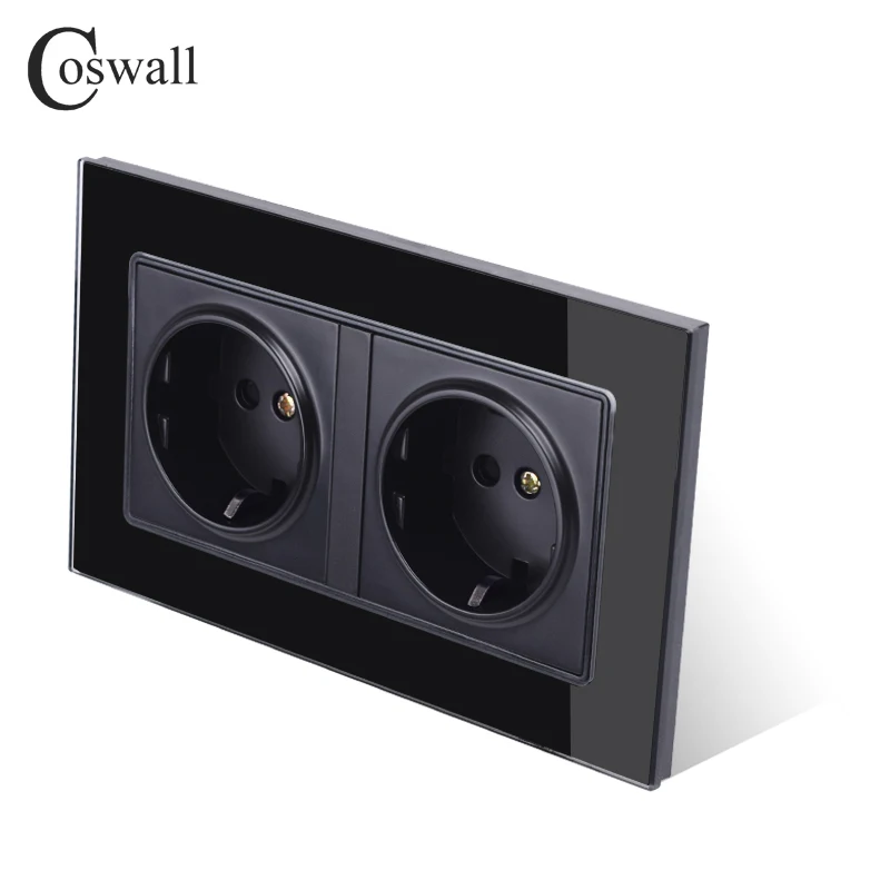 Coswall Wall Glass Panel 16A EU Russia Spain Double Socket Grounded With Children Protective Door Black Color 146*86mm