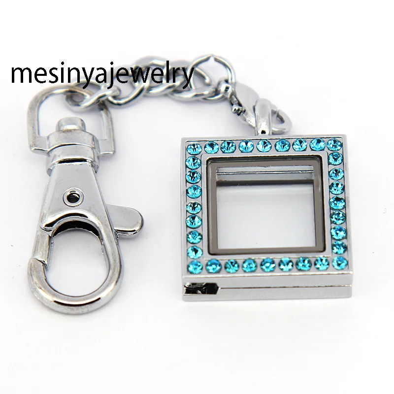 10pcs floating charms memory living blue zirconia square glass locket  key rings keychains,locket included