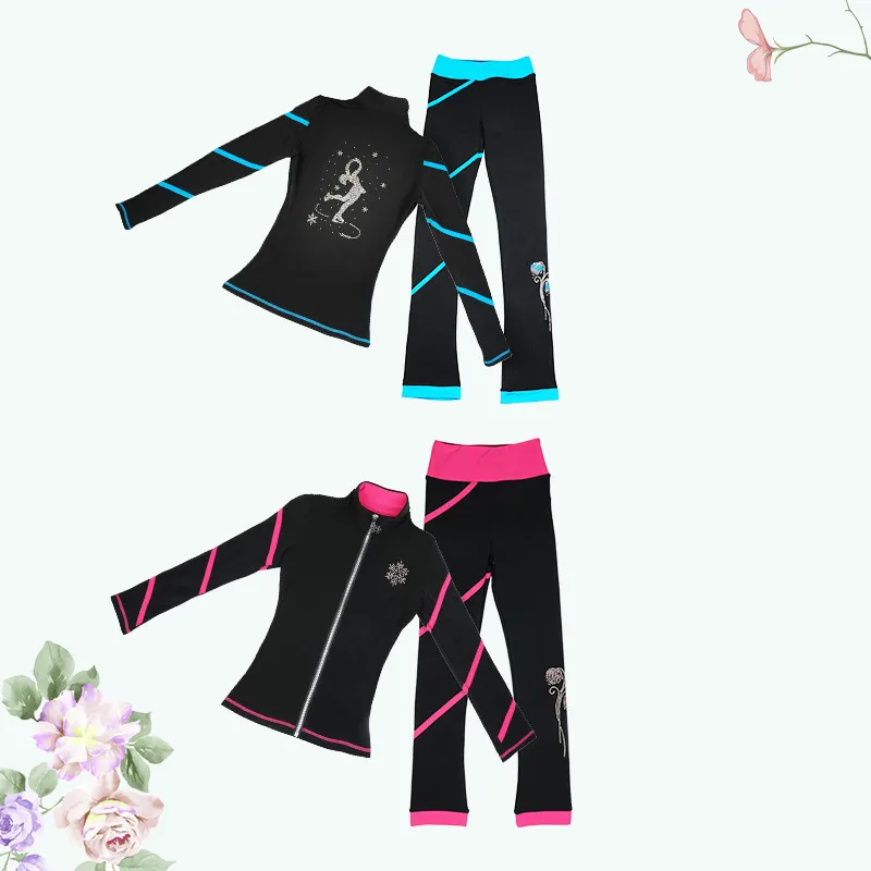 Customized Figure Skating Suits Jacket and Pants Long Trousers for Girl Women Training Patinaje Ice Skating Warm blue pink