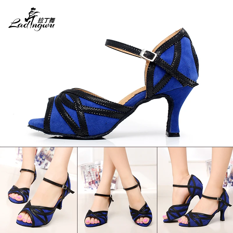 Ladingwu-zapatos de baile latino para mujer, calzado de franela y purpurina para Salsa, Samba, salón de baile, rojo/azul/negro