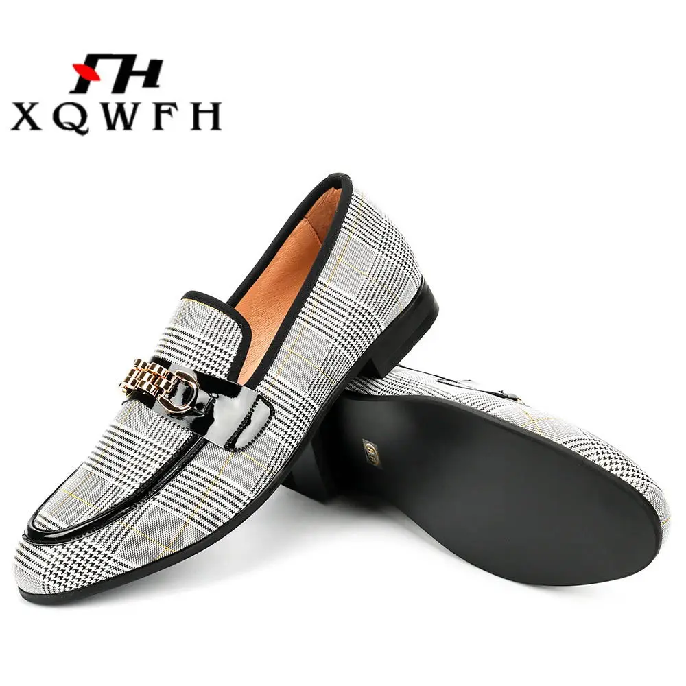 XQWFH Luxury Men\'s Leather Shoes Gingham Style Casual Shoes with Gold Chain Buckle Men Dress Shoes Wedding Nightclub Flats