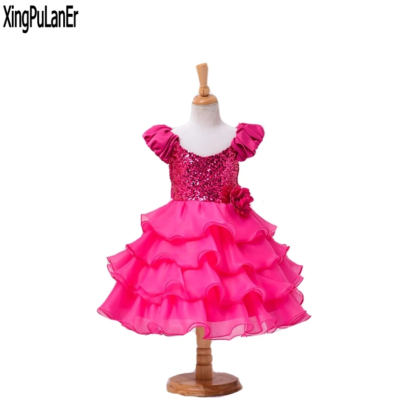 Linia Hot Pink Ruffles Organza Seuqins z krótkim rękawem długie wesele dzieci suknie pierwsza komunikacja sukienka kwiat sukienki dla dziewczynek