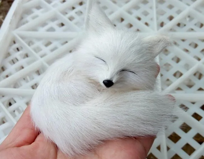 mini 7x5cm plastic&fur white sleeping fox hard model craft home decoration toy gift w0107