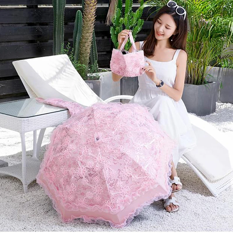 Lace Girl Ladies Sunny Rainy Umbrella White Pink Black Sun Protection Small Women Female Parasol Compact Travel Outdoor