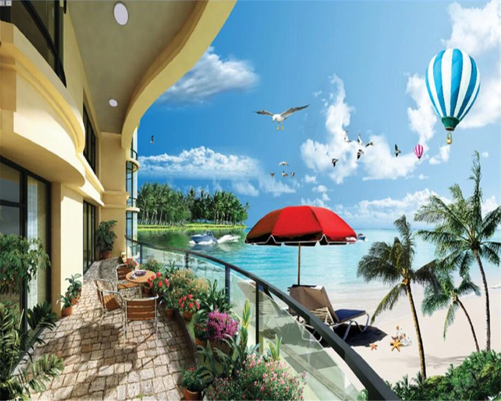 

Custom Wall Wallpaper Living Room 3D Balcony Ocean Sea View Hot air balloon landscape Photo wallpaper papel de parede