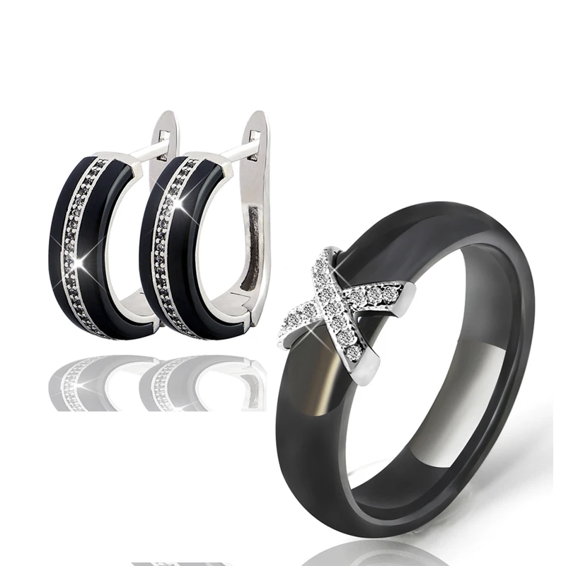 Silver Color AAA CZ Ceramic Bridal Jewelry Sets Black White Rings & Earrings Set Wedding Jewelry For Women Lady Health Material