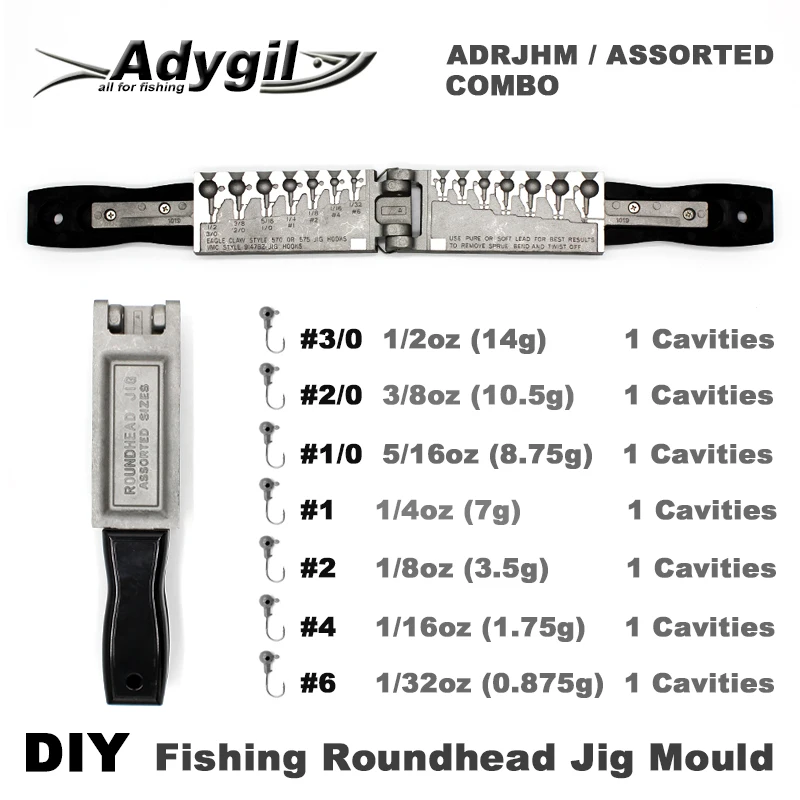 

Adygil DIY Fishing Roundhead Jig Mould ADRJHM/ASSORTED COMBO 1/32oz, 1/16oz, 1/8oz, 1/4oz, 5/16oz, 3/8oz, 1/2oz 7 Cavities