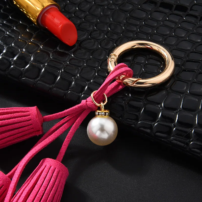 Korean velvet tassel keychain leather tassel pearl pendant car ornaments female key chain plush bag pendant