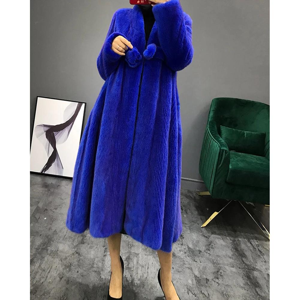 Women's Imported Mink Fur Coat Women's Fashion Long Outwear Thick Warm Fur Coat Women's Blue Plus Size Fur Jacket