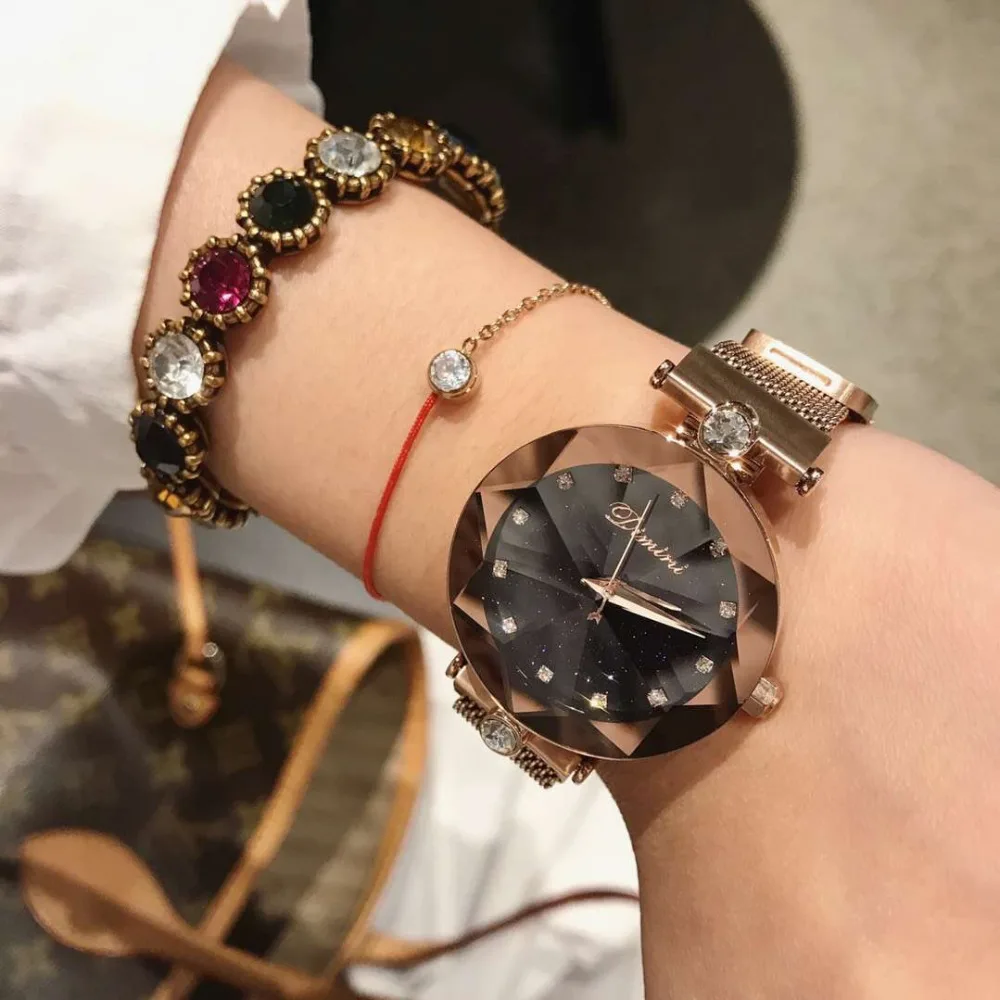 New Fashion Multi Faceted Women Star Crystal Watches Quartz Ultra Thin Milanese Watch Full Steel Bracelet Wristwatch Montre 3Bar