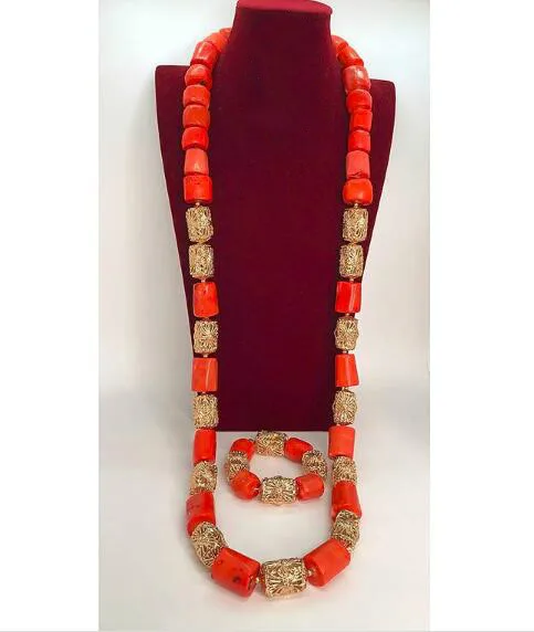 Quality Original Coral Beaded Bridal Necklace Set Real Coral Bead Necklace Bracelet Earrings Set 24inches Nigerian WeddingABH763