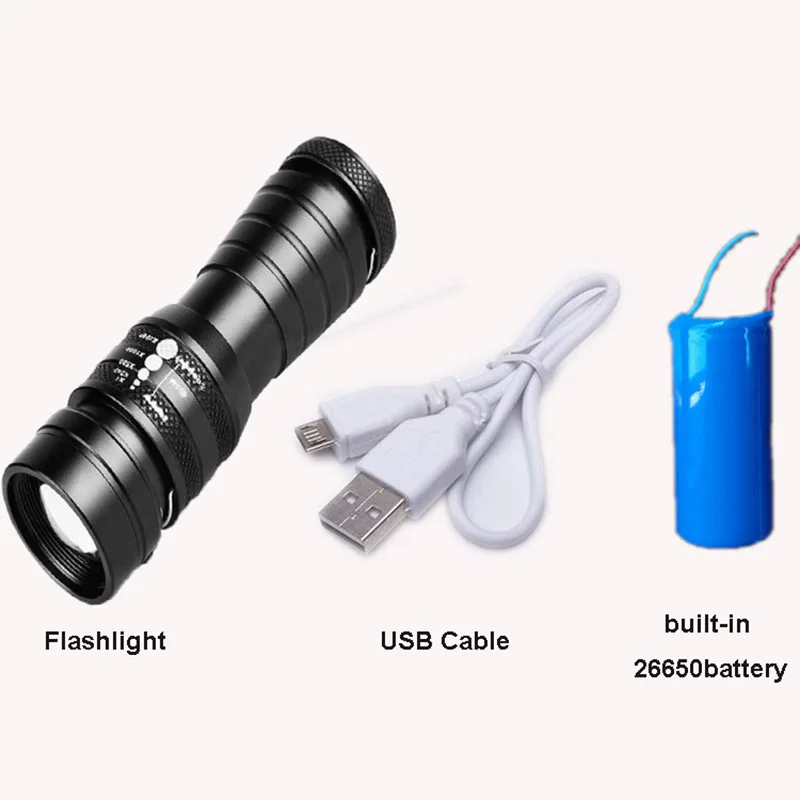 Lanterna usb t6 com zoom, bateria 26650, lanterna led de alta potência para caça e acampamento