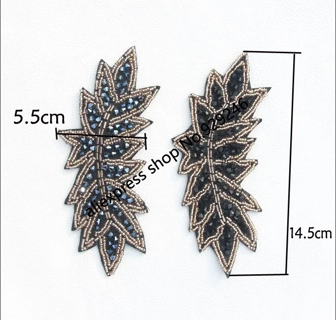 4pcs/lot fashion long leaf hand-made beaded applique black fabric-base trimmings for hairdress garment clothing embellishments