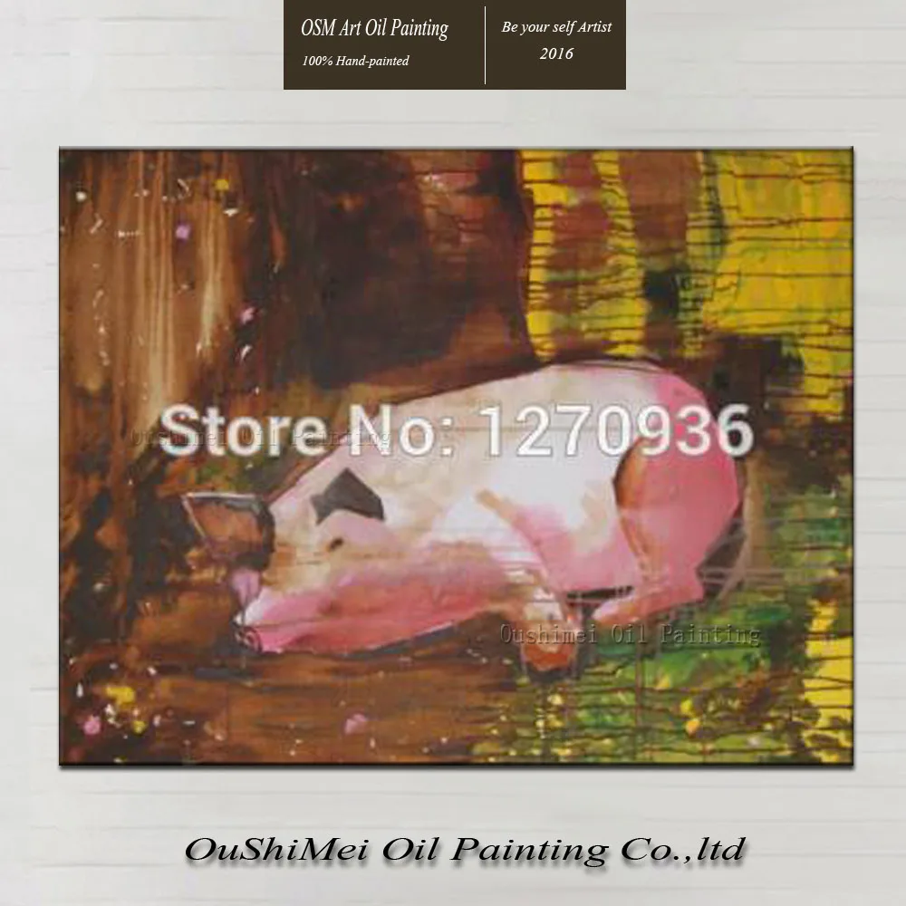 

Fat pink pig is the back yard looking for food landscape painting cute animals hand-painted oil painting for home decoration