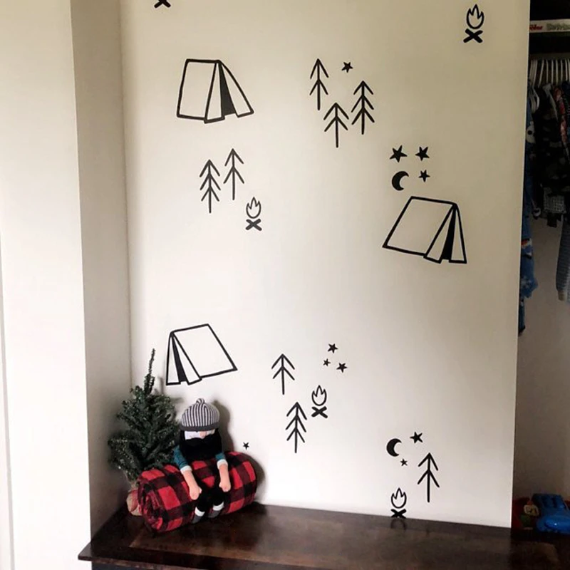 Cartoon Camping Wall Decals Nursery Decor DIY Tent Tree Fire Moon Vinyl Art Stickers For Home Baby Room Wall Decoration