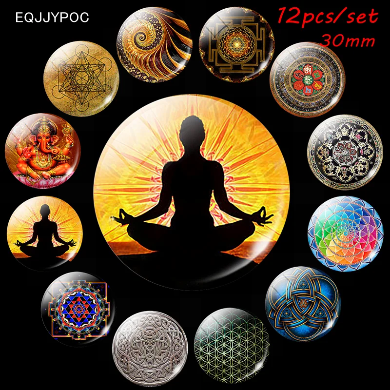 Mandala Fridge Magnet Mandala Buddha Buddhism Hindu 30mm Glass Dome Round Magnetic Decor 12PCs Gift Box