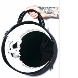 JIEROTYX Frauen Dame Mädchen Punk Dark Schädel Kopf Donner Flash Gedruckt Gothic Kreuz Körper MOND Messenger Bag Runde Handtasche Harajuku