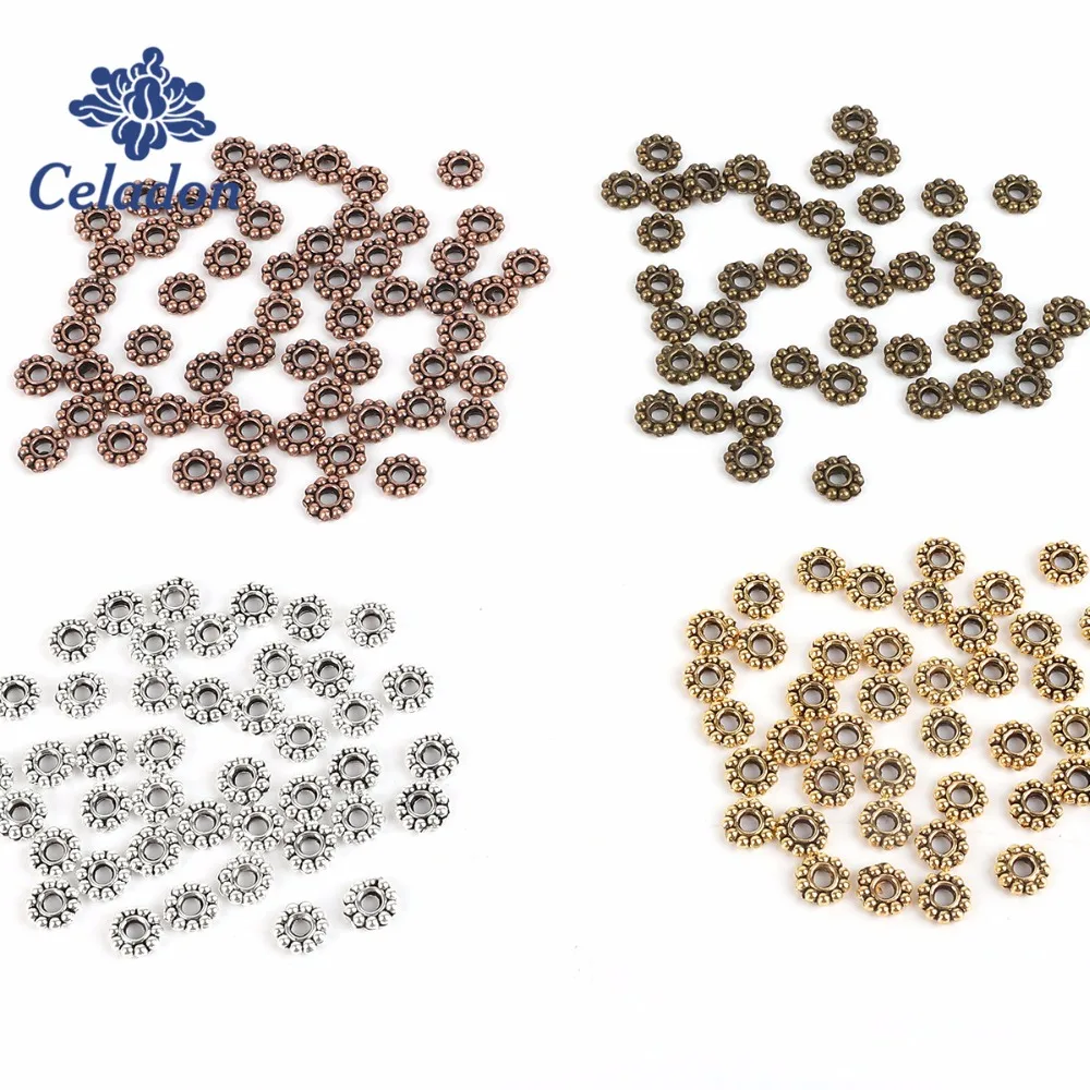 Wholesale 6mm 50pcs Daisy Flower Loose Spacers bead for Jewelry Making Metal Tibetan Gold Silver Spacer Beads 2mm hole