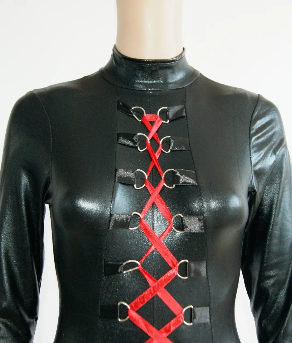 Sen winorośli Sexy Faux Leather Zentai Catsuit gładka Wetlook kombinezon koronki Up elastyczny czarny PU pełne body Playsuit Clubwear