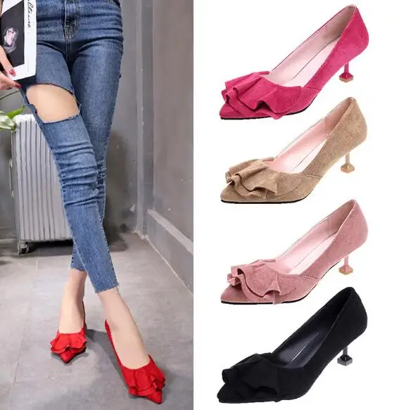 

Carpaton 2019 Newest Pointed Toe High Heel Shoes Woman Sexy Shallow Mouth Suede Ruffles Thin Heels Pumps Flower Dress Shoes