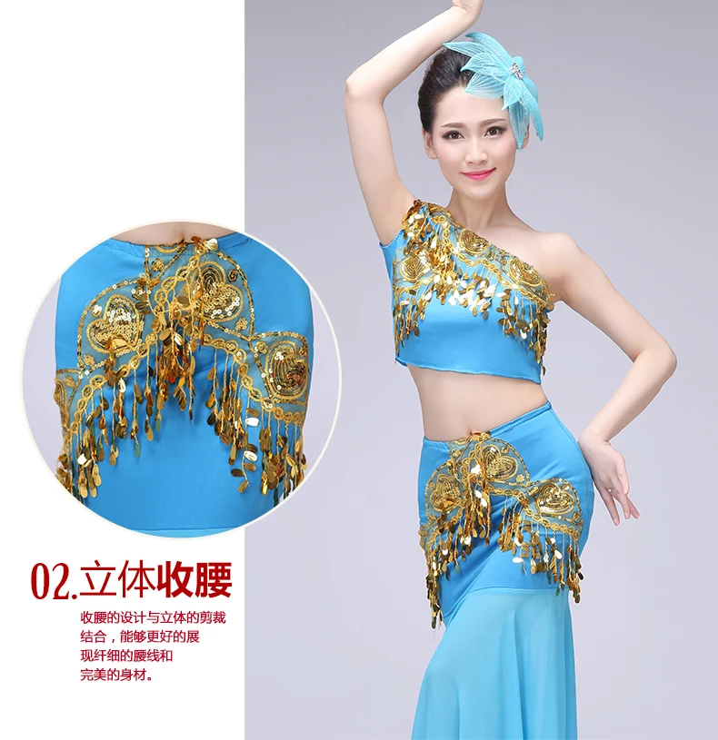 Novo chinês tradicional vestido meninas feminino dai nacional folk fã dança traje longo sereia pavão dança traje vestido