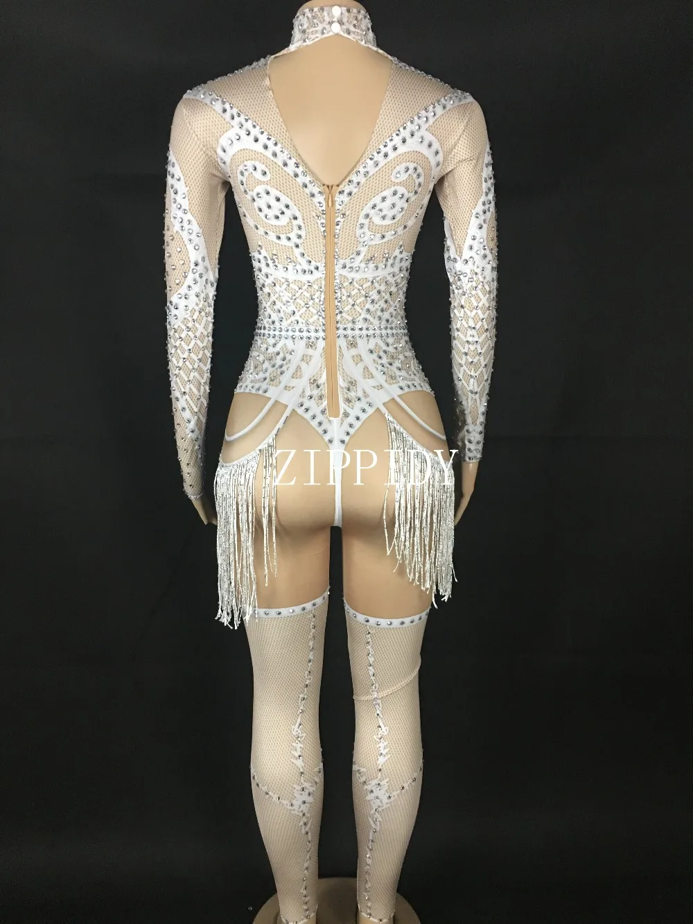 Mono elástico con borla de diamantes de imitación plateados intermitentes para mujer, ropa de fiesta de cumpleaños para mujer, monos estampados Sexy, espectáculo de baile de cantante