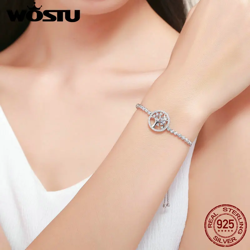 WOSTU Authentic 100% 925 Sterling Silver Tree of Life Tennis Bracelet Women Adjustable Link Chain Bracelet Silver Jewelry FIB035