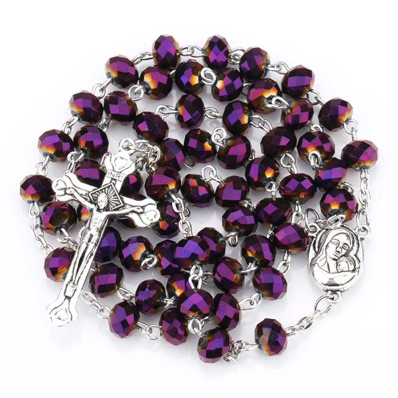 Cross Pendant Necklace Virgin Holy Christ Rosary Necklaces for Women Men Purple Crystal Beaded Catholic Prayer Jewelry Rosaries