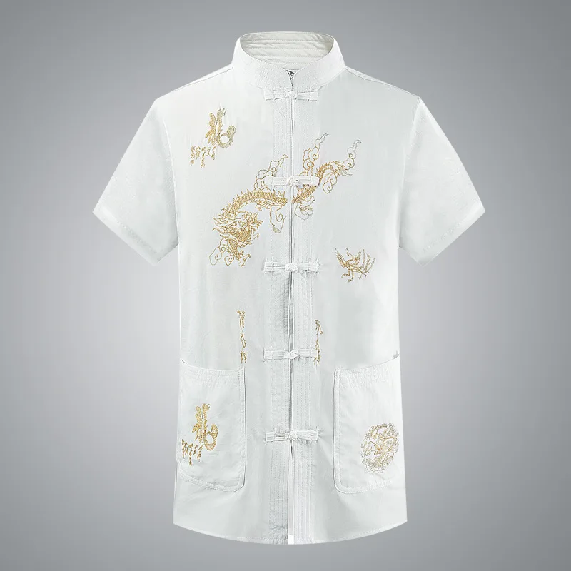 Mandarin Collar Men Traditional Tang Top Dragon Wing Chun Clothing Short Sleeve Kung Fu Shirt Chinese Style Clothes M-XXXL