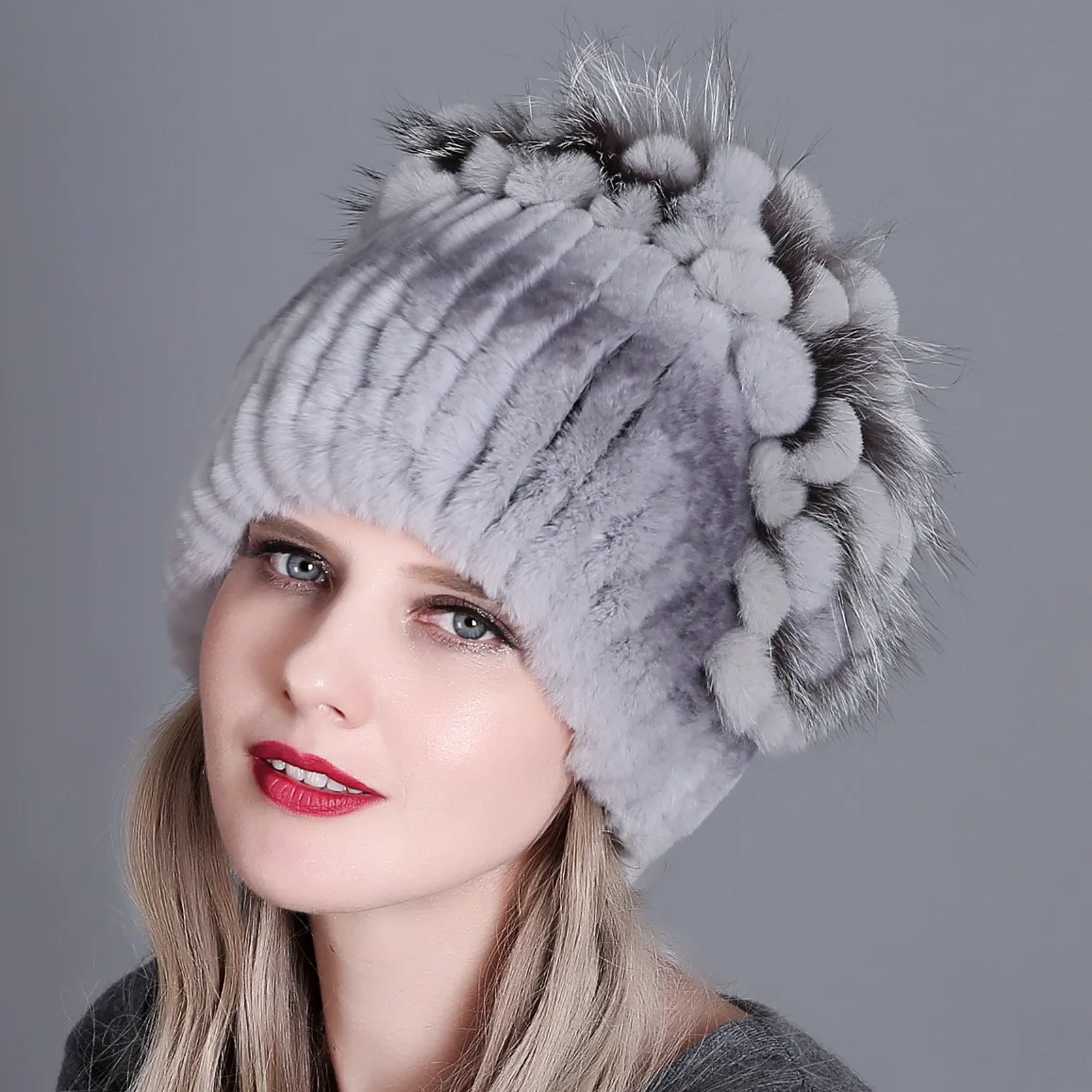 

Women's Winter New Beanies Hat Female Europe American Warm Fashion Soft Thickened Cap Rex Rabbit Fur Knitted Lady Hats H7021