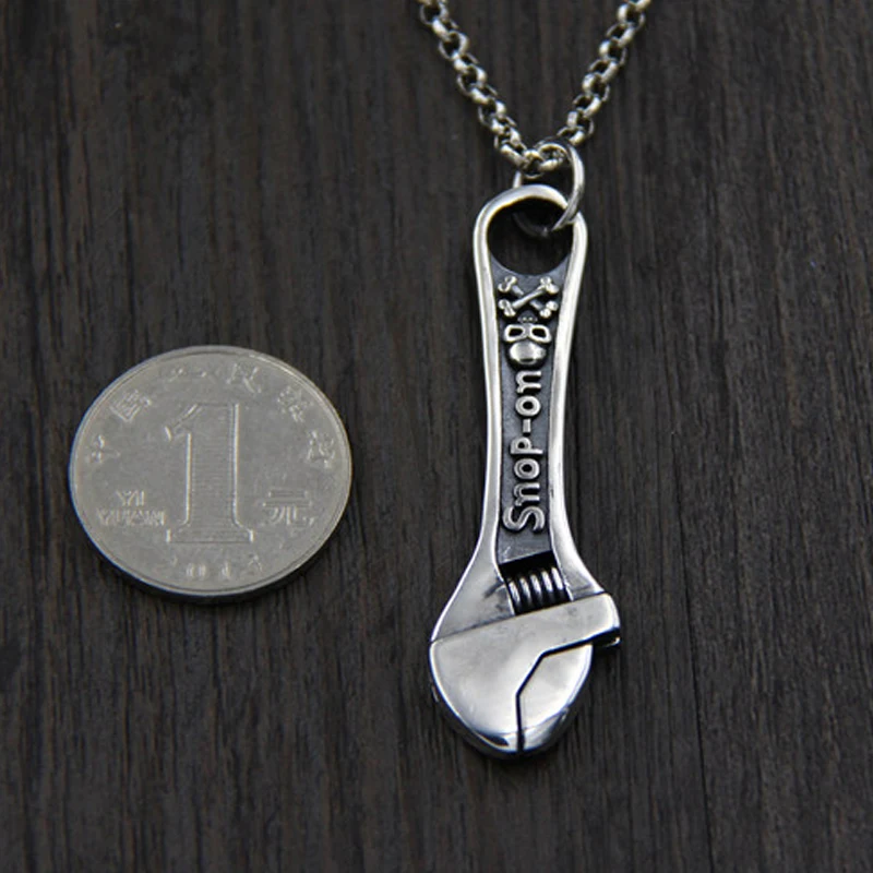 Mens Necklaces Charms S925 Sterling Silver Mechanic Wrench Tool Pendant for Men Hip hop Biker Antique Silver-color 17*62MM