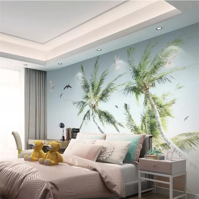 wellyu Hand-painted coconut tree seaside sea modern minimalist TV background wall painting custom large mural wallpaper