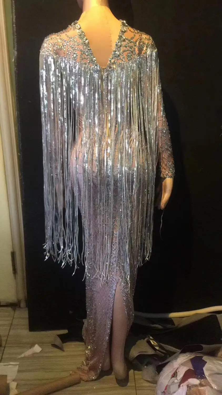 우아한 웨딩 댄스 파티 실버 라인 석 Tassels 롱 드레스 가수 호스트 저녁 파티 축하 공연 무대 의상