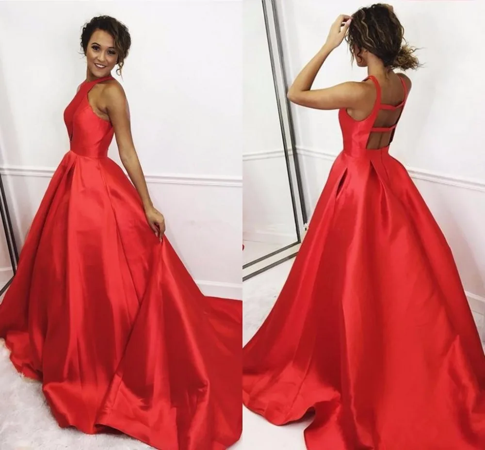 Red Satin Ball Gown evening Dresses Simple Backless Long Graduation Dress Sleeveless Pink Party Dress Keyhole Neck evening gown