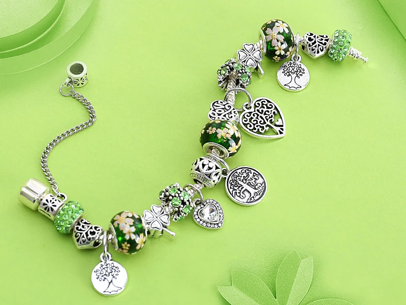 Leabyl Mix Green Tree of Life Charm Bracelet Silver Color Heart Tree Pendant Bead Bracelet Fashion Jewelry Gift for Women Child