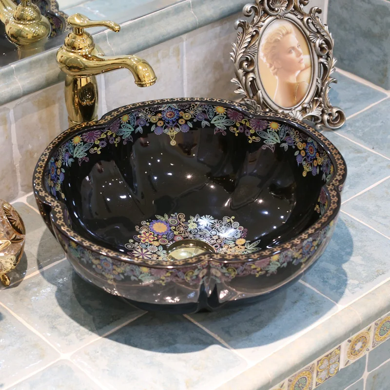 

Porcelain handmade Chinese bathroom ceramic art hand wash basin bathroom sinks black color