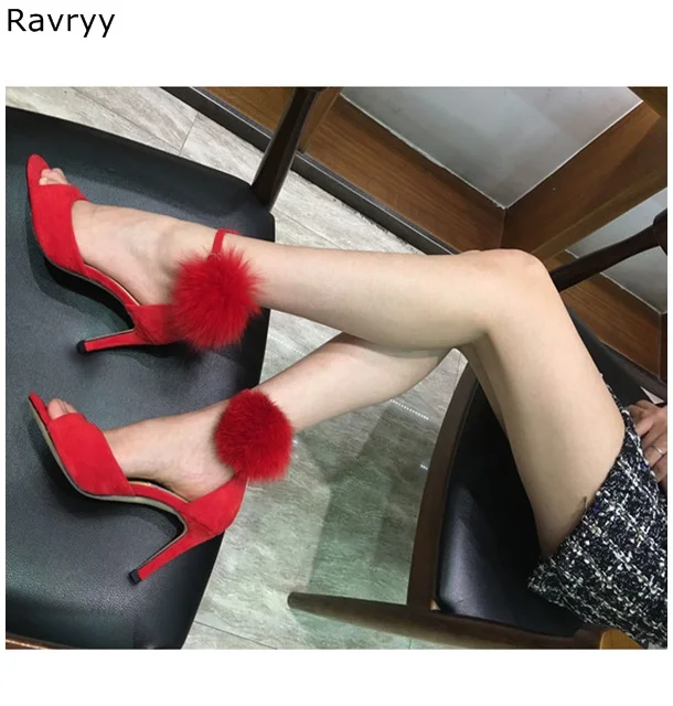 

Woman sandals red black pompon faux fur decor high heels cover heel peep toe Sexy Pumps thin heel female party dress single shoe