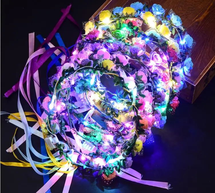 Colorful LED Light Glowing Flower Headband Flashing Garland Wreath Women Girls Headwear Halloween Glow Party Supplies SN1179