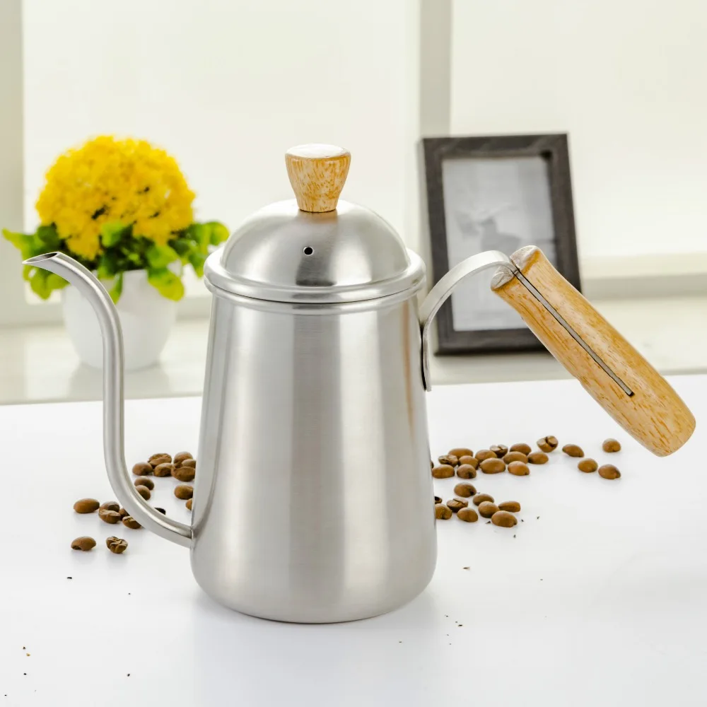 Stainless steel coffee pour over kettle/ pour over coffee kettle/drip coffee pot with wooden handle /650ml satin finish