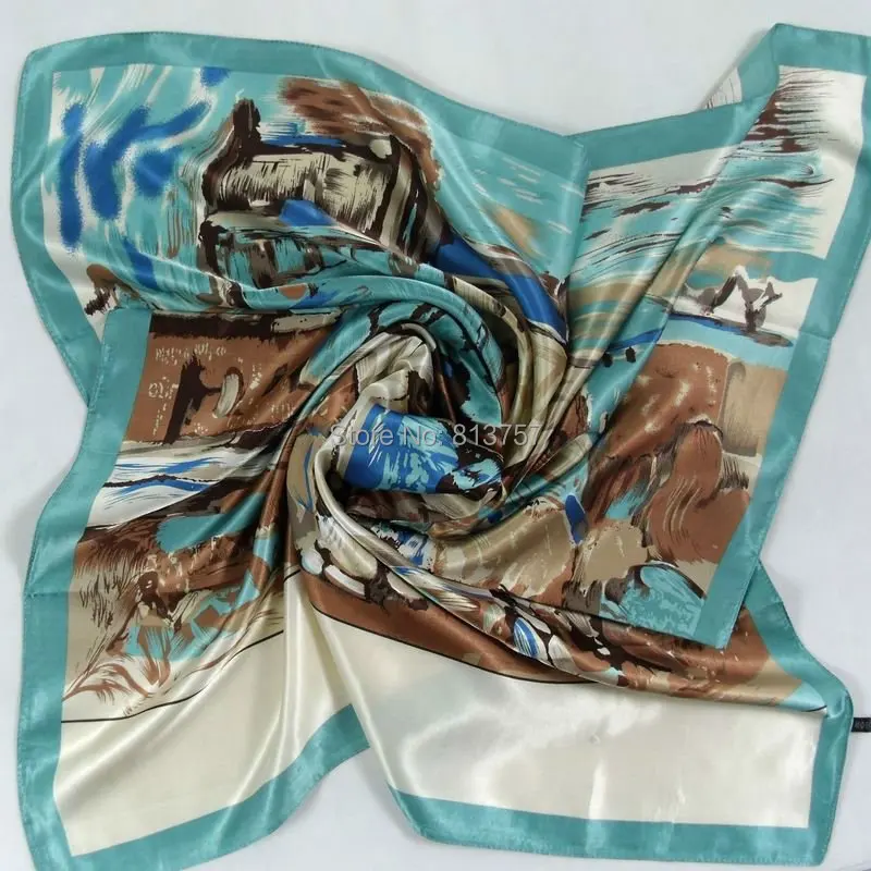 2015 New Arrival Female Blue Silk Scarves Fashion Accessories Satin Big Square Silk Scarf Printed For Women Winter Autumn Wraps