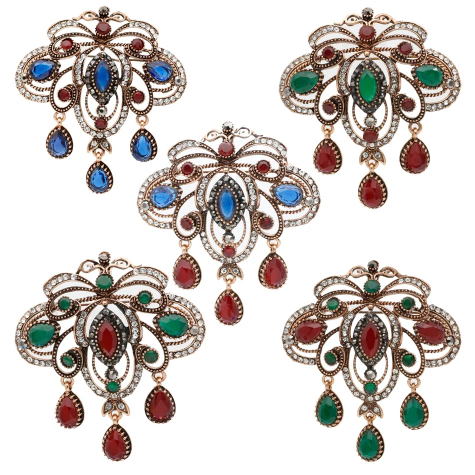 Vintage Turkish Women Hollow Flower Resin Brooch Pins Antique Gold Color Water Drop Pendant Brooches Indian Ethnic Party Jewelry