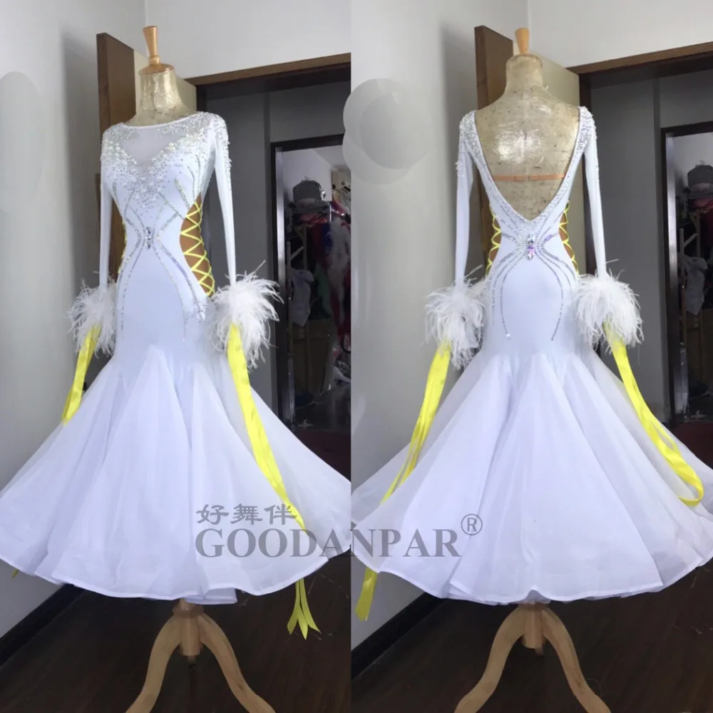 Goodanpar vestidos de dança de salão, para mulheres e meninas, pedras finas, manga comprida, roupa de dança para palco, waltz, vestidos de baile brancos