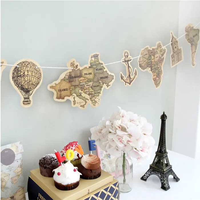 9pcs Ancient World Mainland Map Paper Flags Pennants Anchor Fire Balloon Banner Travel World String Bunting for Home decoration