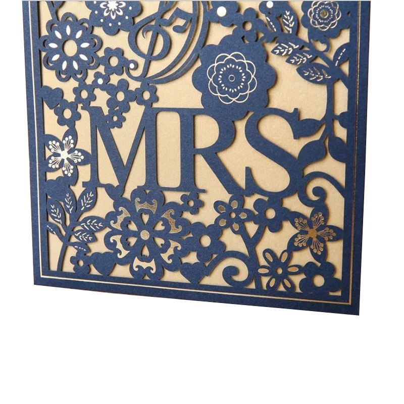 50 pces mr & mrs cartões de convite de casamento azul direito corte a laser laço oco convida convites de casamento & cartão de noivado